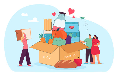 Tiny people standing near box of donation food for delivery